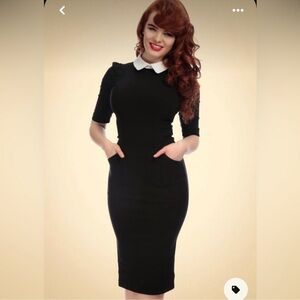 Collectif Vintage Winona Pencil Dress Black BodyCon Retro Wiggle collar Pinup S